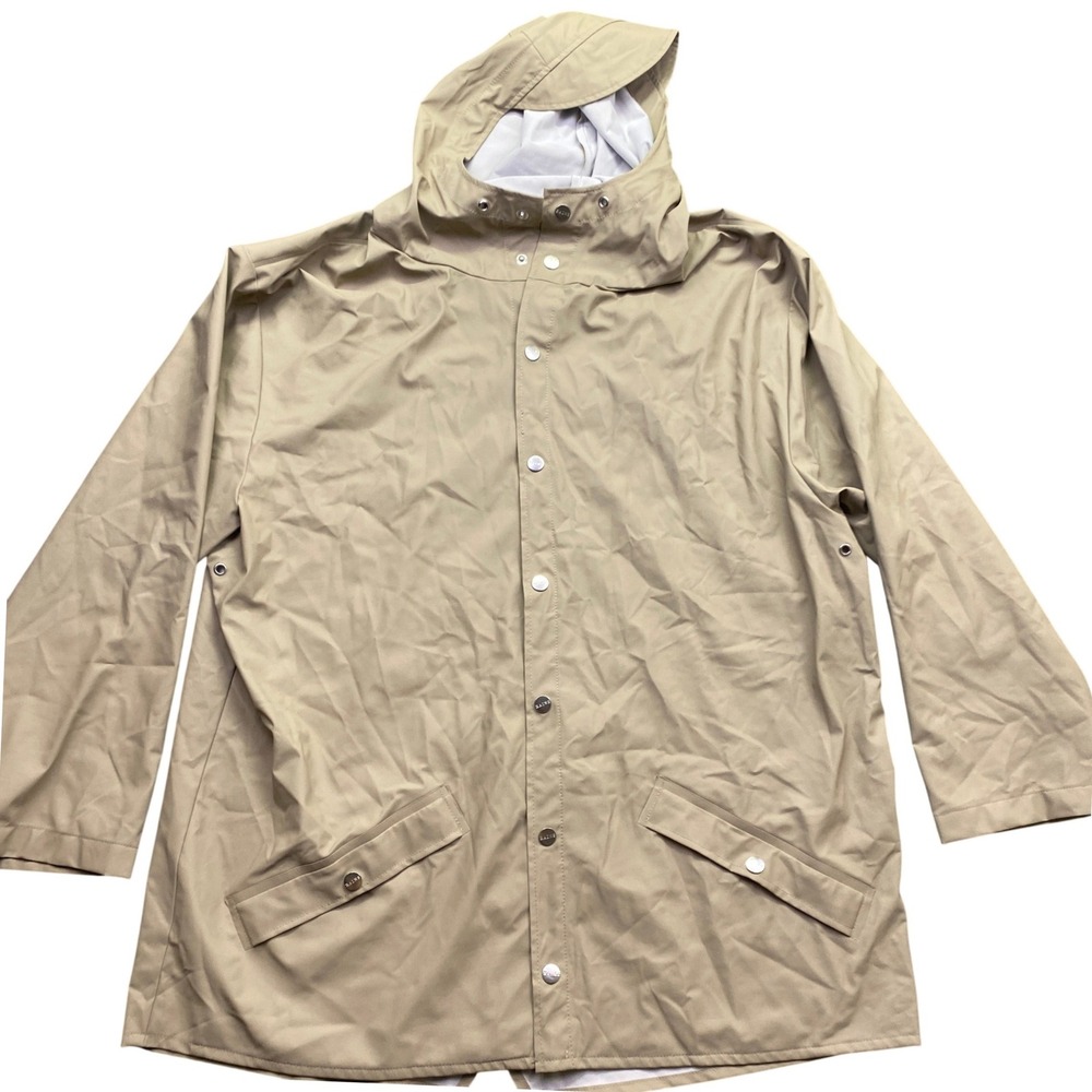 Rains Unisex Essential Rain Jacket Khaki Beige Hooded Snap Front L/XL